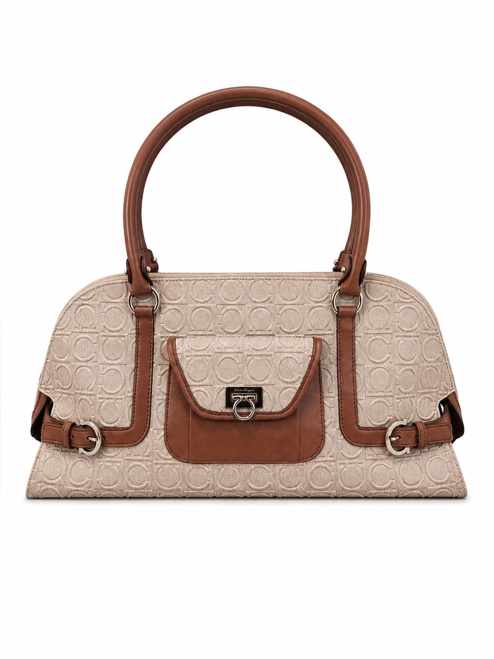 Salvatore Ferragamo Gancini Canvas Leather Satchel Handbag Beige Brown Shoulder
